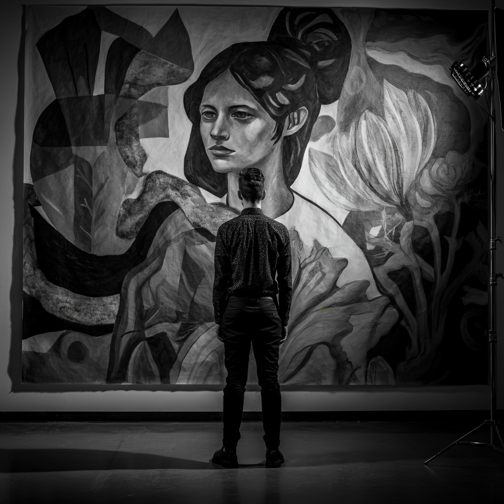 A black and white photograph of an art student standing in front of a large, vibrant mural. The student is dressed in a uniquely stylish outfit, and the mural features bold colors and abstract shapes. The photo is slightly grainy, giving it a vintage feel.