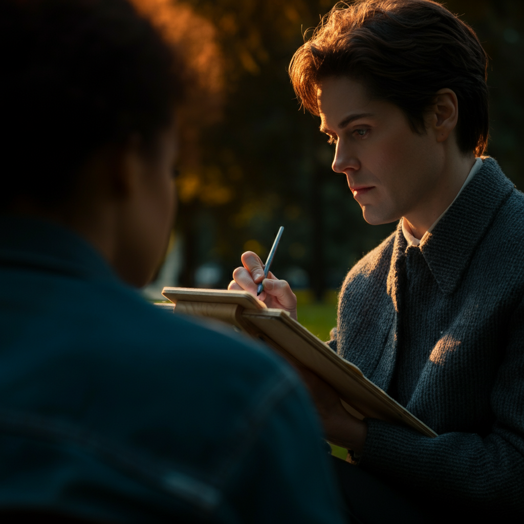 An art student sitting in a park, sketching a portrait of another student sitting across from them. Golden hour lighting casts a warm glow on their faces and the surrounding trees. The focus is on the interplay of light and shadow and the texture of the paper.