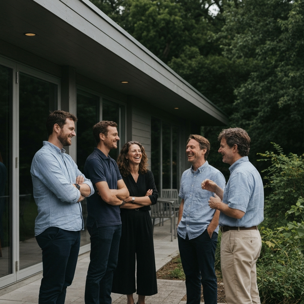 A group of artists standing outside an art residency building, chatting and laughing. The building is modern and minimalist, and the surrounding landscape is lush and green. Side-lit textures emphasize the welcoming and supportive atmosphere of the residency.