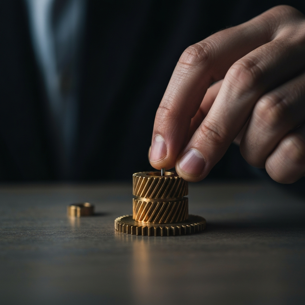 Close-up shot of a hand carefully counting the teeth on a small brass gear. Soft, diffused light illuminates the gear, highlighting the precision of the teeth.