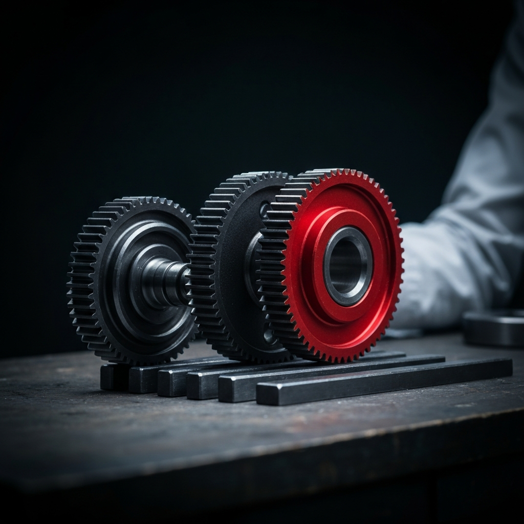 A complex gear train with several gears, including a distinct red idler gear, showcased on a workbench. Soft, ambient lighting creates a sense of depth and complexity.