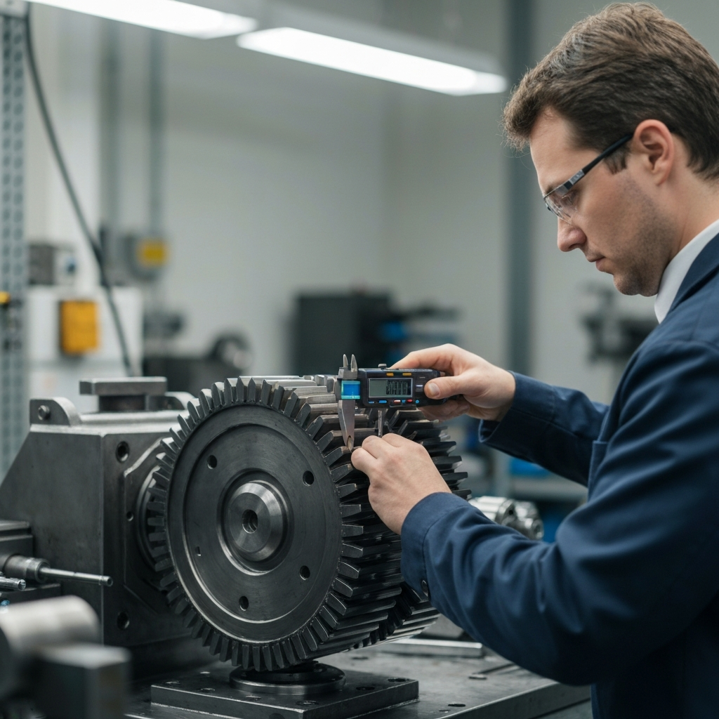 An engineer using a digital caliper to precisely measure the diameter of a large gear in a complex gearbox. The environment is a clean, well-lit machine shop with various tools and equipment visible in the background.