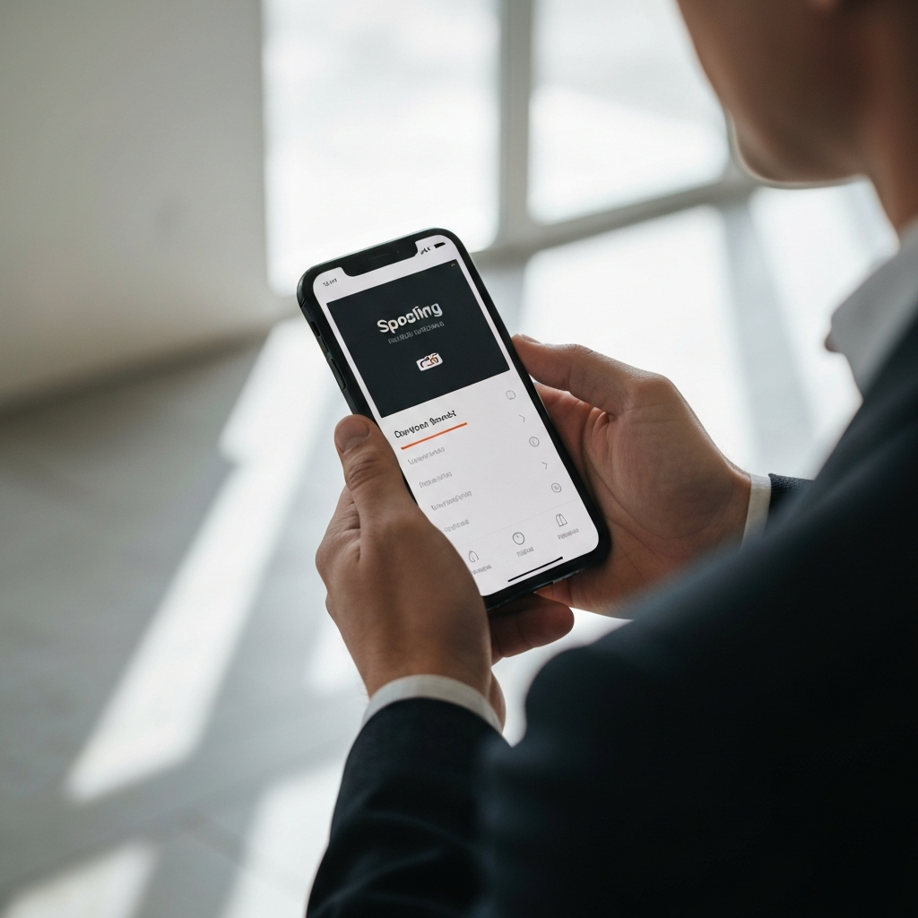 A person's hands holding a modern smartphone displaying a spoofing app interface, bathed in soft, diffused light, with a shallow depth of field to blur the background.