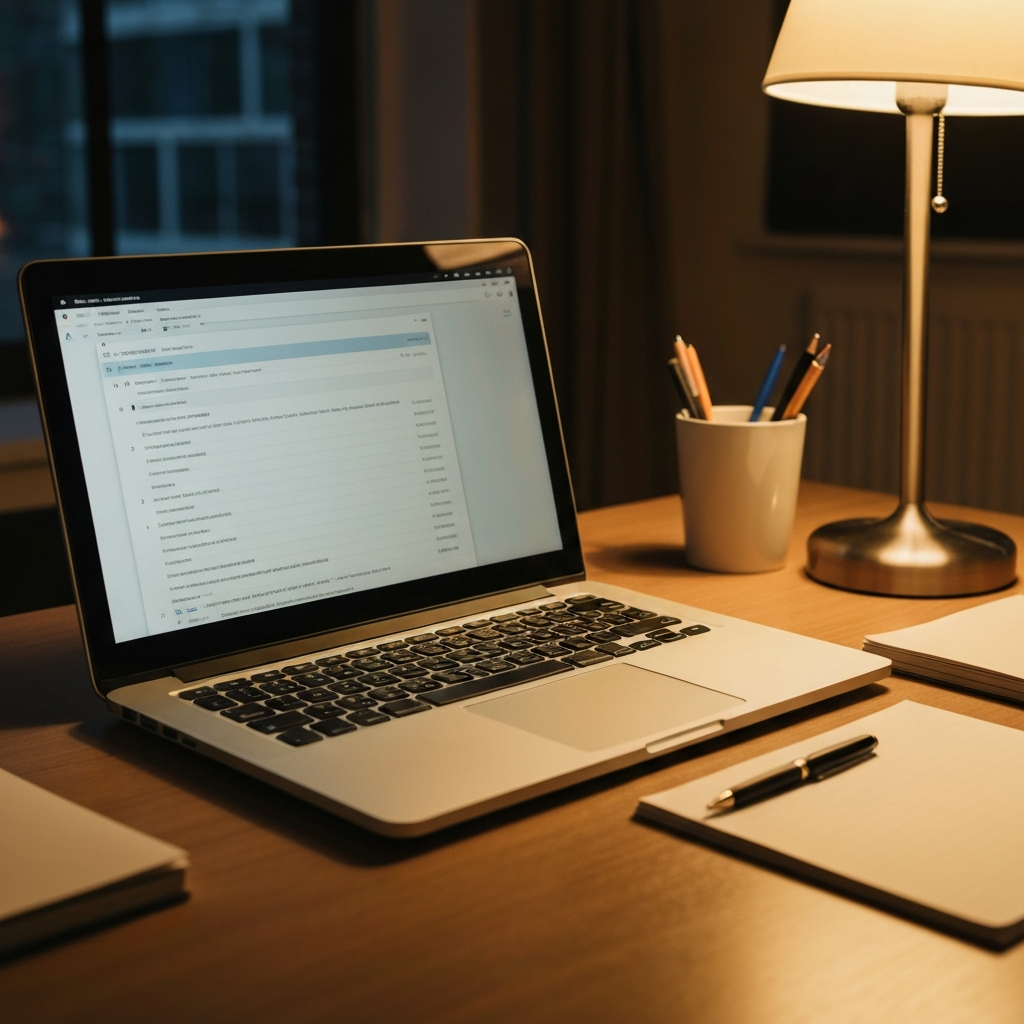 A well-organized home office desk with a laptop open to a settings panel, a pen resting on a notepad, and a warm, inviting light from a nearby lamp casting soft shadows.