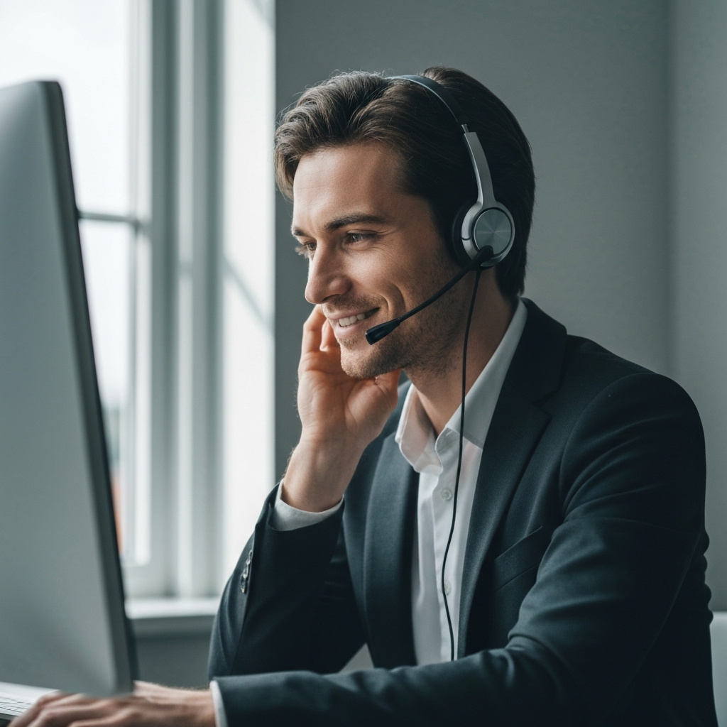 A person in a professional setting, wearing a headset and smiling subtly as they look at a computer screen during a call, with natural light streaming in from a window.