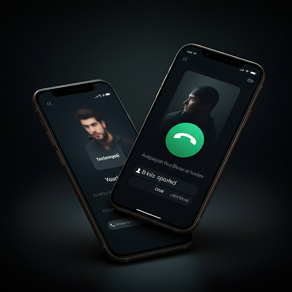 Two smartphones side-by-side, one displaying an incoming call with the spoofed number, bathed in soft, neutral light to showcase the screens clearly.