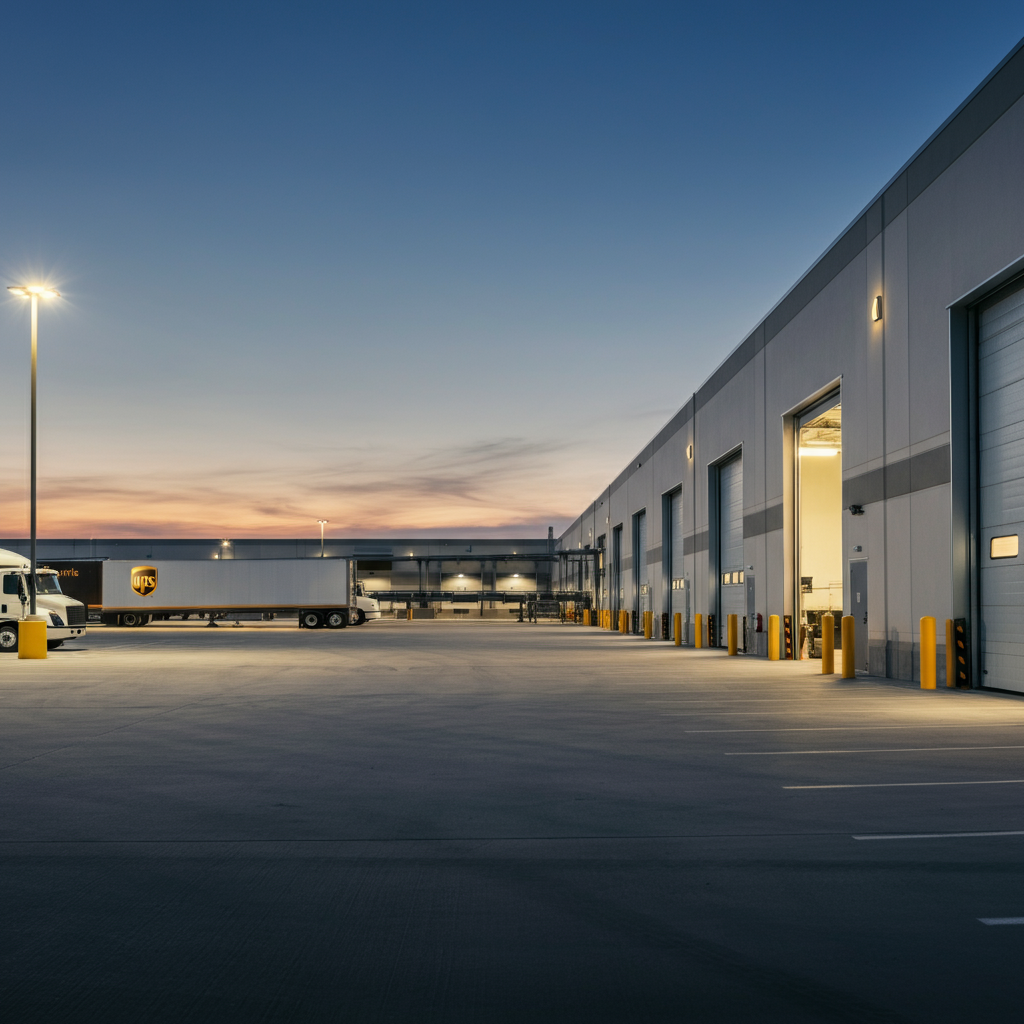 A wide shot of a massive UPS distribution center at dusk. Soft golden hour lighting illuminates rows of parked delivery trucks. Packages move along a conveyor belt inside the building, visible through large open bay doors.