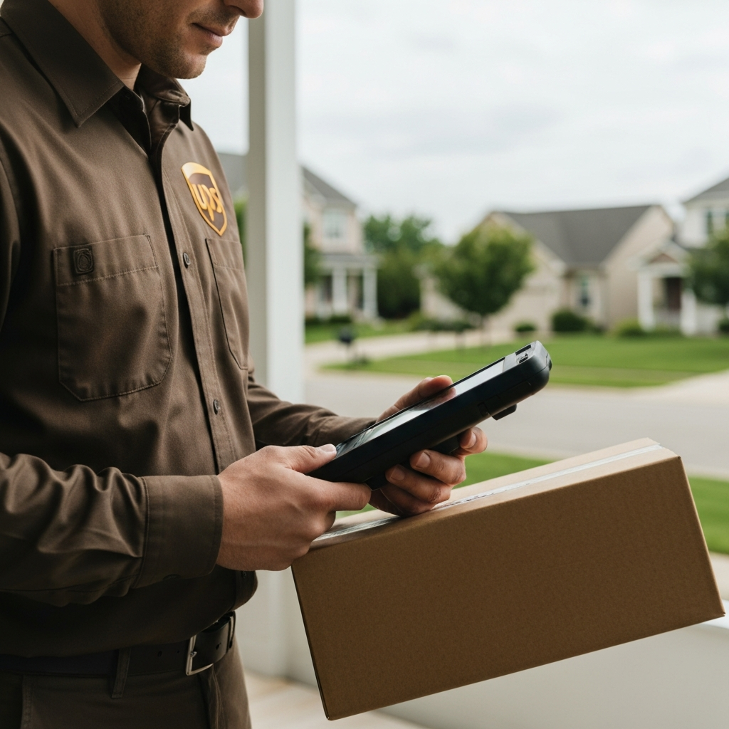 A close-up of a UPS driver, wearing a clean brown uniform, scanning a package with a handheld device. The background is softly blurred, showing a typical suburban street with houses and green lawns.