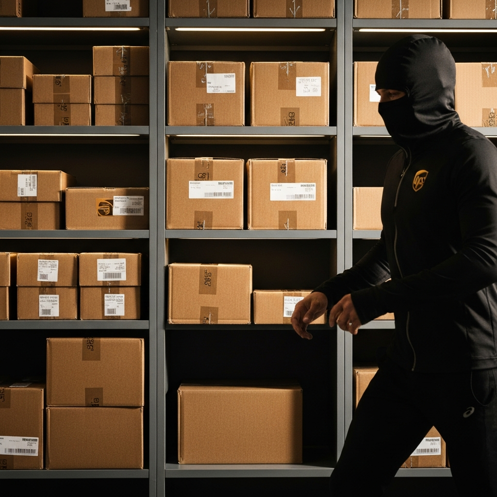 A well-organized shelf in a UPS Access Point location. Packages of various sizes are neatly stacked and labeled. Soft, diffused lighting highlights the textures of the cardboard boxes.