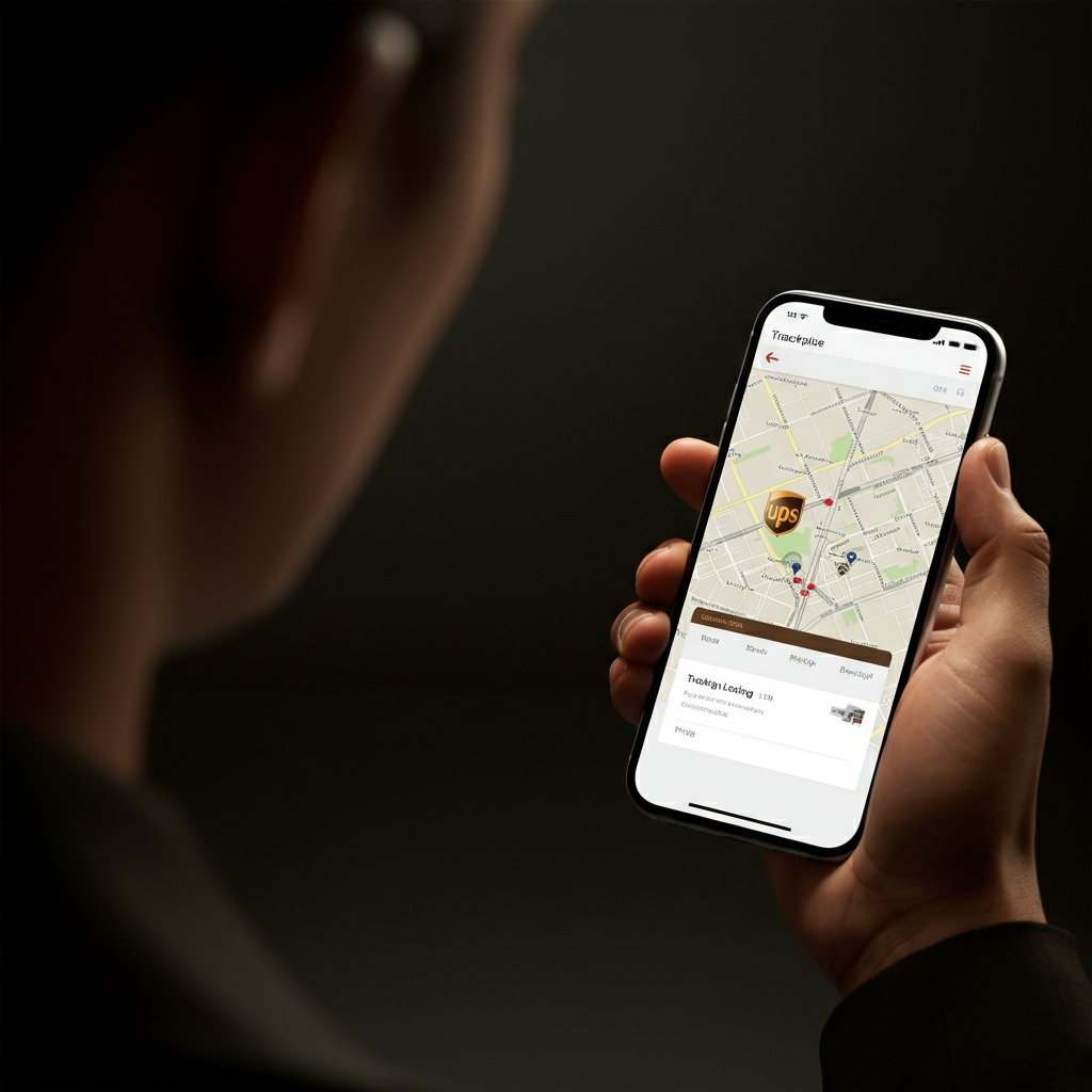 A person holding a smartphone, with the UPS tracking app open. The screen displays a map showing the current location of a package in transit. Soft side lighting reflects off the phone's screen.