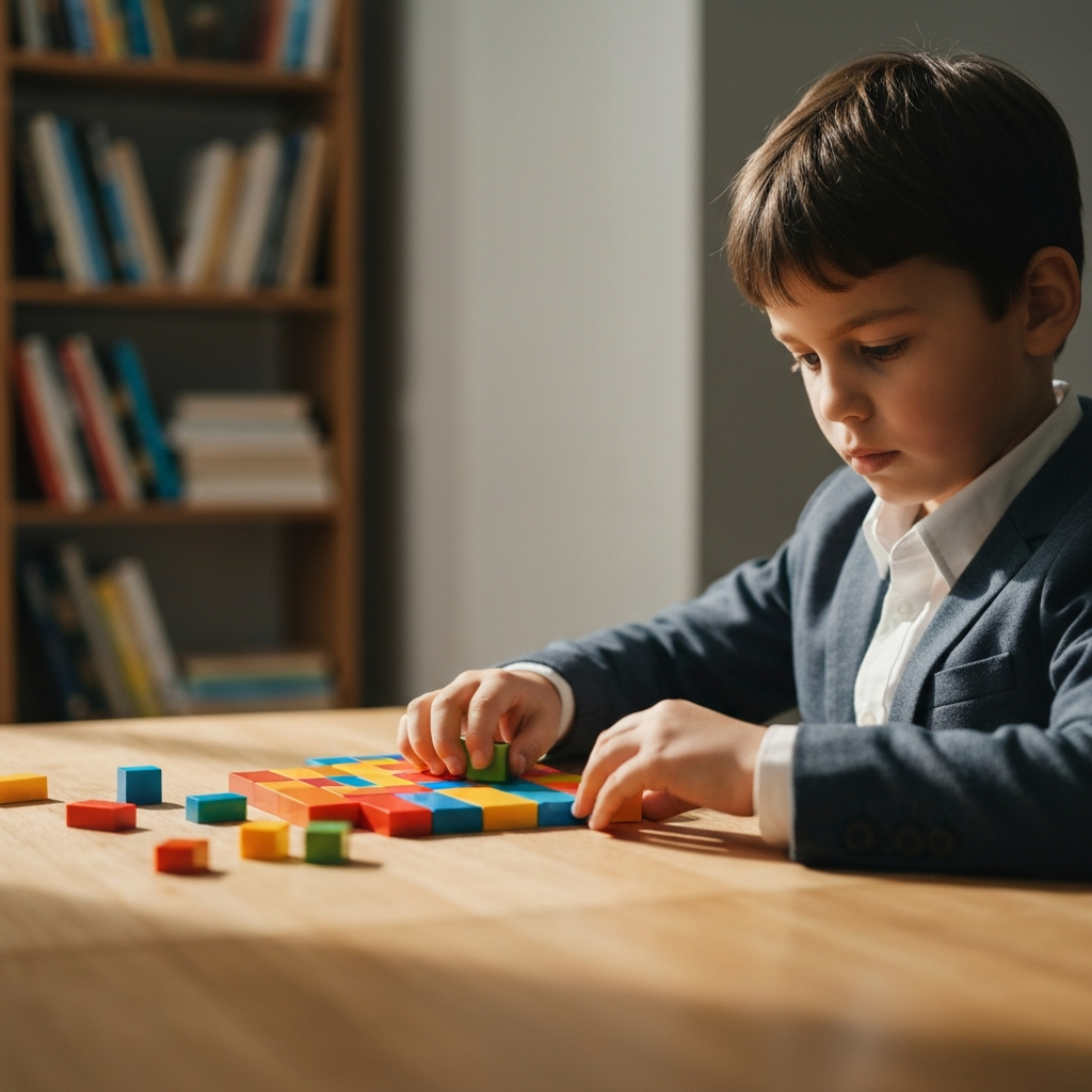 A child sits at a wooden table, sorting colorful building blocks into a pattern. Soft, diffused light illuminates the scene, highlighting the textures of the blocks and the child's focused expression. Shallow depth of field with a blurred background showing a bookshelf.