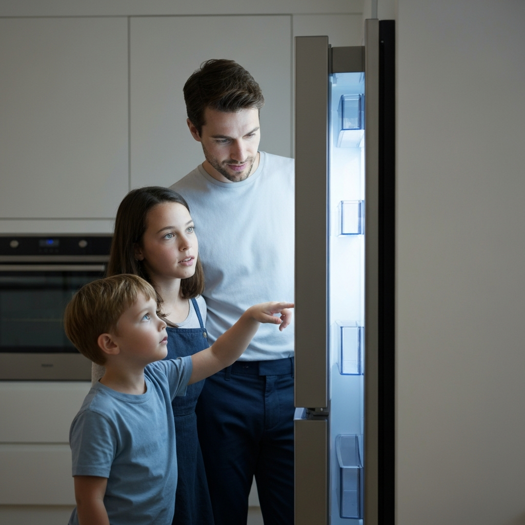 A parent and child stand in a brightly lit kitchen. The refrigerator door is slightly ajar, casting a cool light on their faces. The parent gestures towards the refrigerator, while the child looks on with a thoughtful expression. Gentle bokeh on the background appliances.