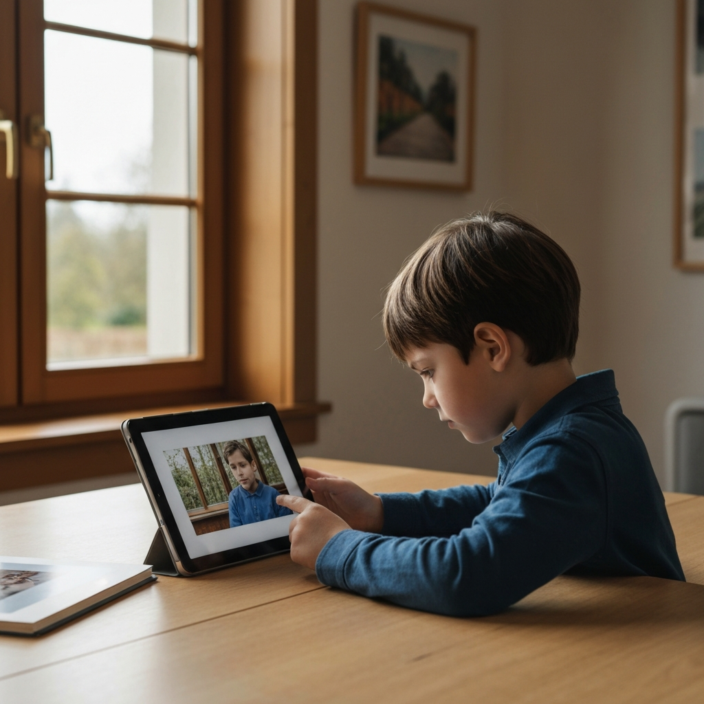 A child sitting at a table, looking at a photograph displayed on a tablet. Their brow is furrowed in concentration as they study the image. The room is warmly lit, with natural light streaming in from a nearby window.