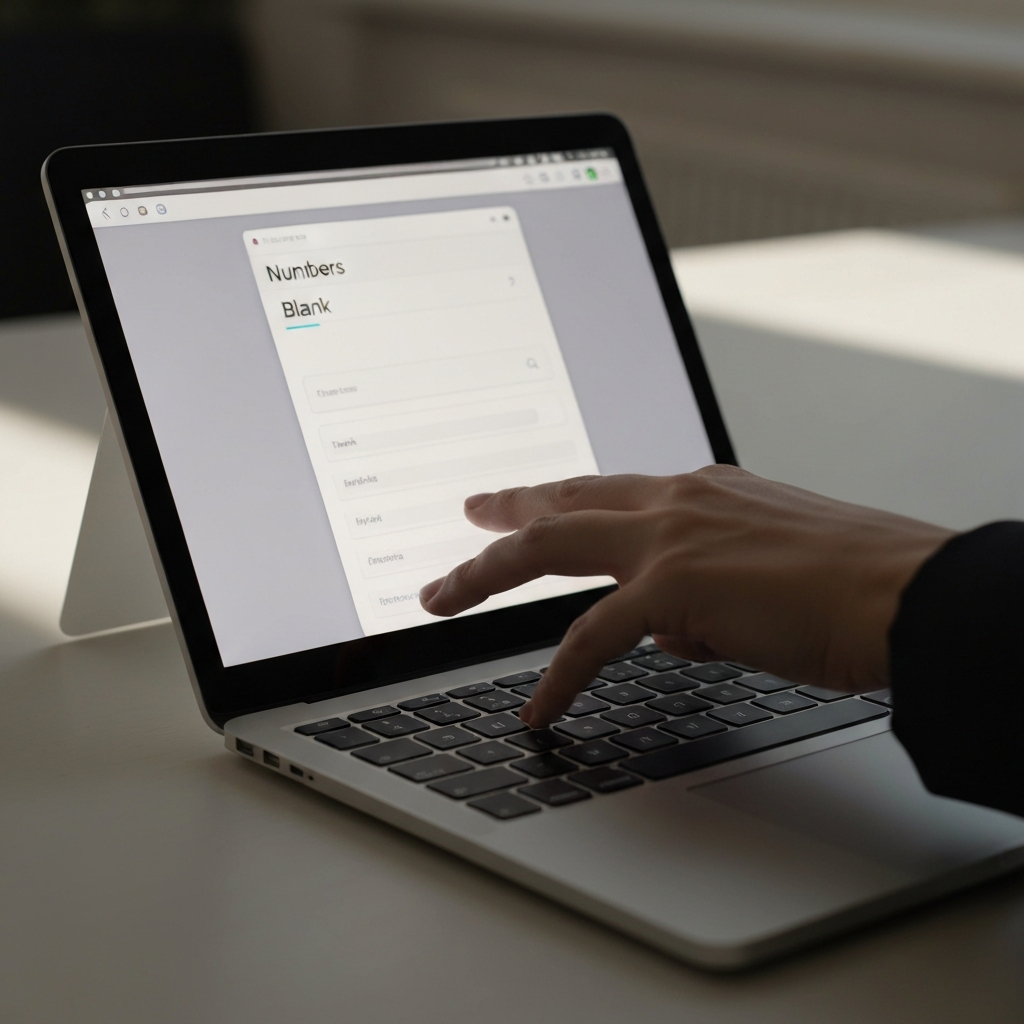 Hands hovering over a trackpad, selecting "Blank" template from the Numbers template chooser, soft natural light illuminating the screen.