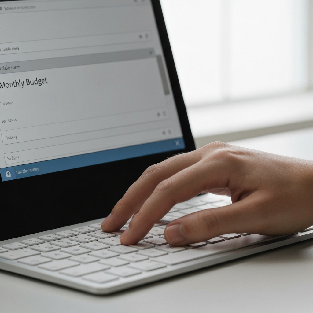 A close-up of a hand typing "Monthly Budget" into the table name field in Numbers, focus on the keyboard and the screen, shallow depth of field.