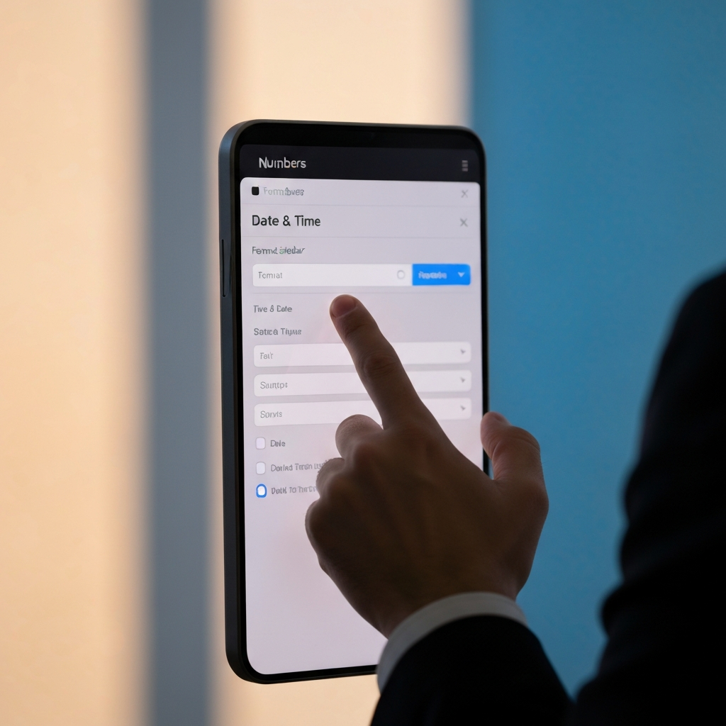 A person's hand pointing to the "Date & Time" option in the Format sidebar in Numbers, the screen is clearly visible with options for date formatting, soft side lighting.