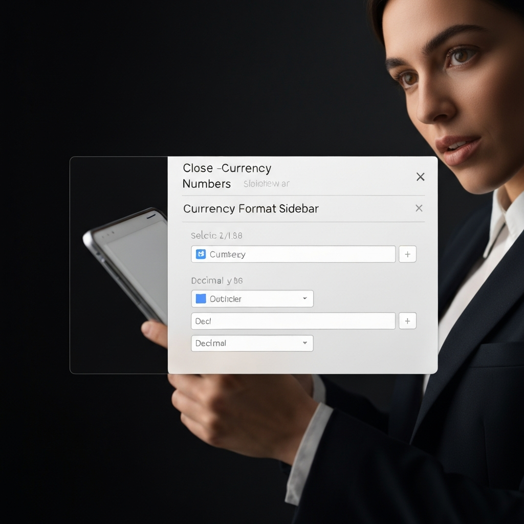 Close-up of the currency formatting options in the Numbers Format sidebar, including currency symbol selection and decimal place settings, the scene is well-lit with a macro lens focus.