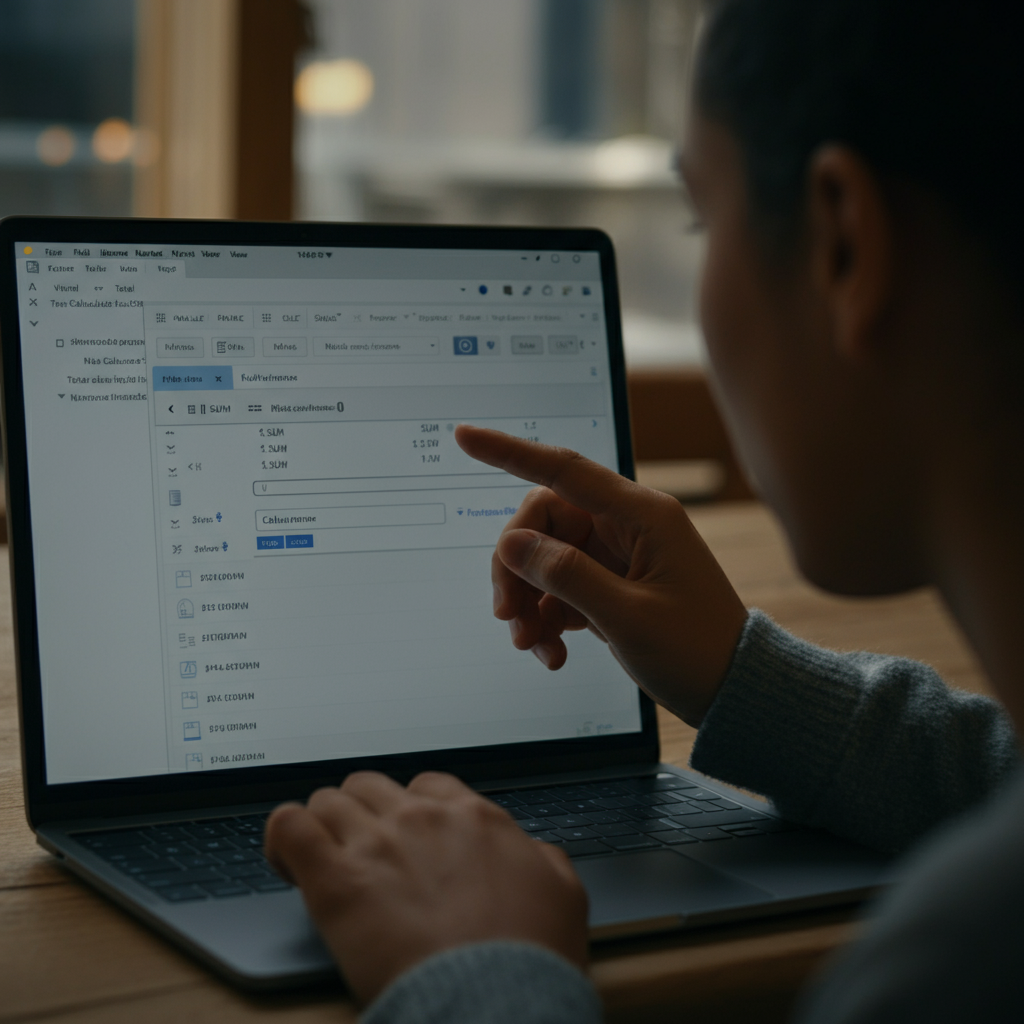 A person using the SUM function in Numbers to calculate the total income, focus on the formula bar and the selected cells, the screen has a slight glare from the overhead lighting.