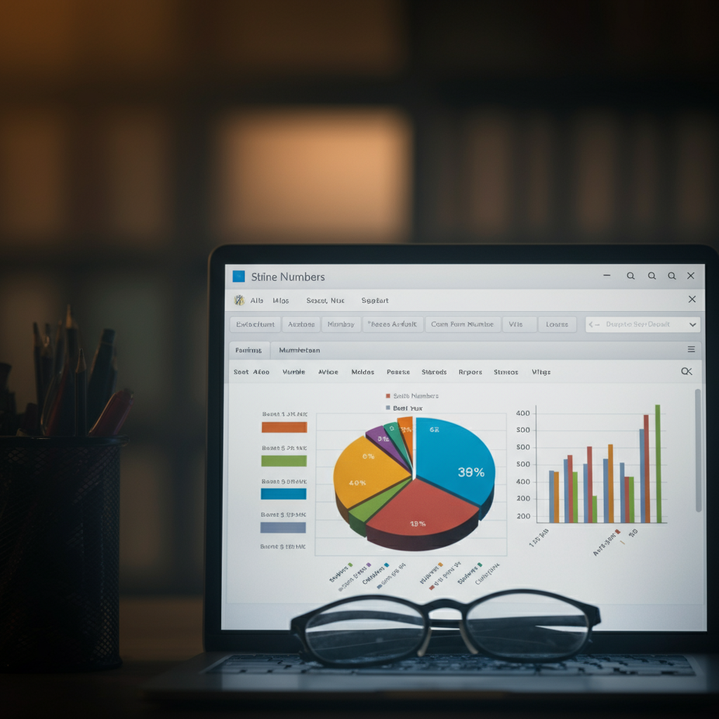 Selection of a pie chart from the Numbers chart menu, displaying expense categories in different colors, soft bokeh in the background with office supplies.