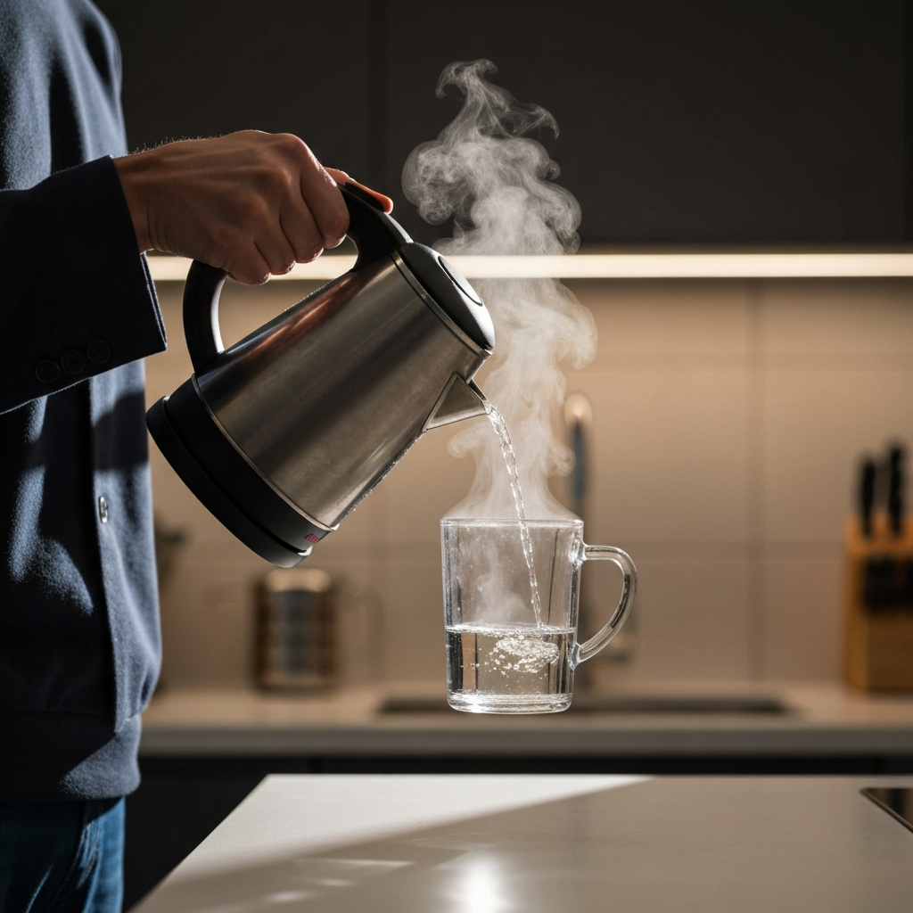 Close-up shot of a glass mug being carefully filled with steaming hot water from an electric kettle. Soft bokeh in the background showcasing a modern kitchen.