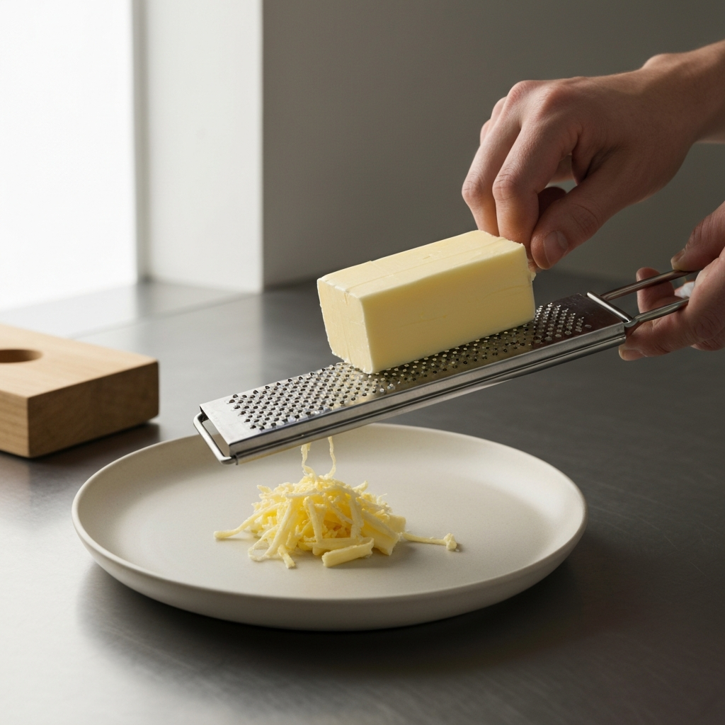 A chef grating a stick of cold butter over a ceramic plate. The grater is stainless steel, and the butter shreds are arranged neatly on the plate. Soft side-lighting highlights the butter's texture.