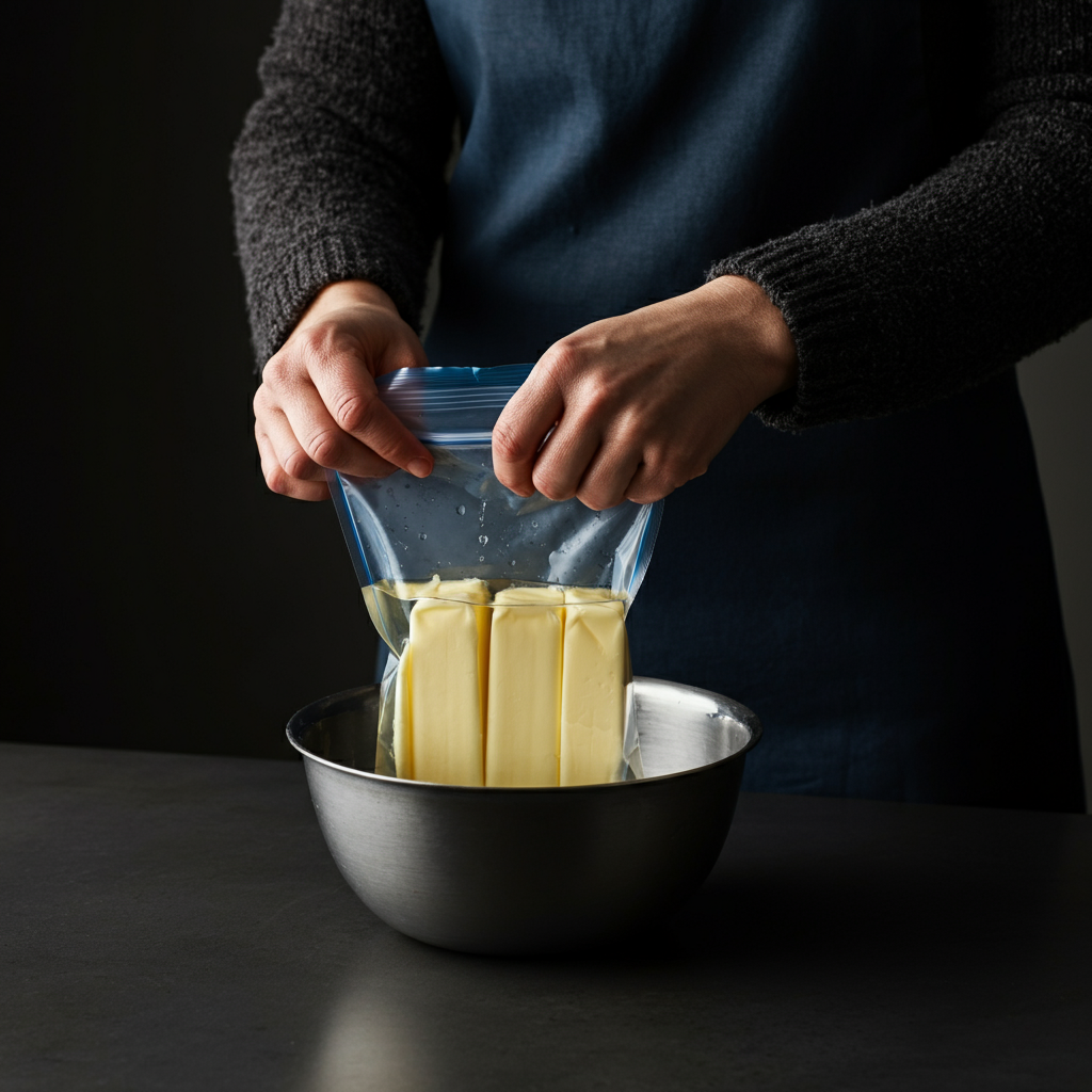 A person submerging a sealed zip-top bag containing sticks of butter into a bowl of warm water. Hands are visible, and the focus is on the water's surface and the sealed bag. Background is a clean kitchen counter.