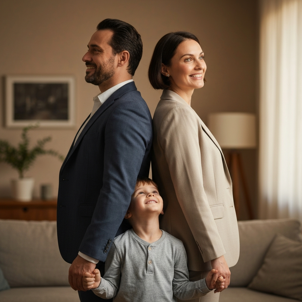 A warmly lit living room. A father and mother, dressed in professional attire, stand back-to-back while their child, in casual clothes, stands between them looking up at both, smiling. Soft bokeh in the background with a focus on the textures of the clothing.