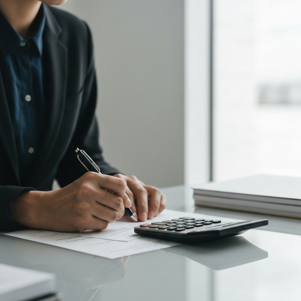 A person is seated at a clean, well-lit desk using a calculator and writing numbers on a piece of paper. The lighting is bright, highlighting the texture of the paper and the calculator buttons.