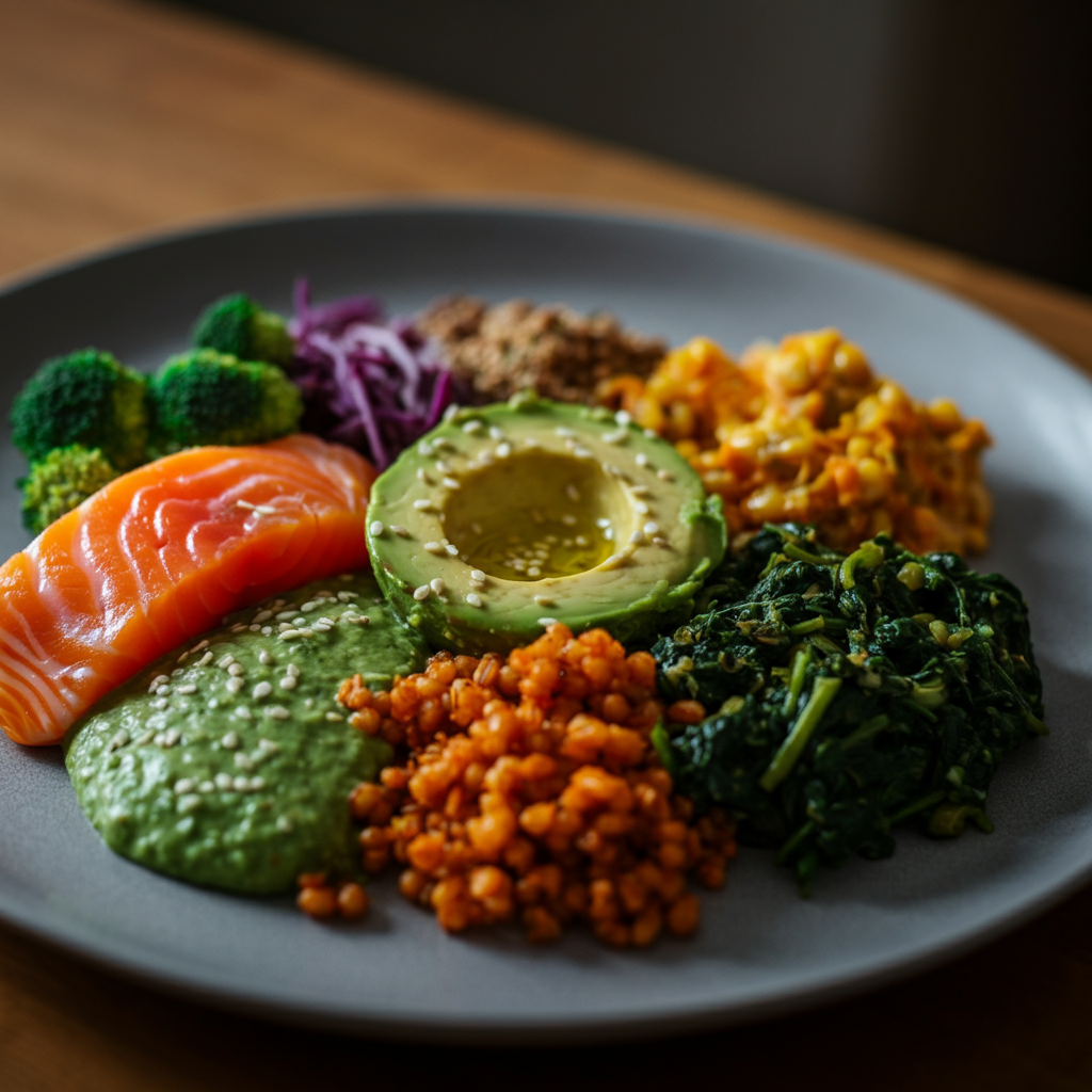 A close-up shot of a colorful, nutritious meal on a plate. The lighting is soft and natural, showcasing the textures of the different foods: vibrant vegetables, lean protein, and whole grains.