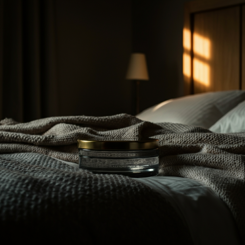 A dimly lit bedroom featuring a comfortably made bed with soft, textured blankets. Golden hour lighting streams through a window, casting a warm glow on the scene.