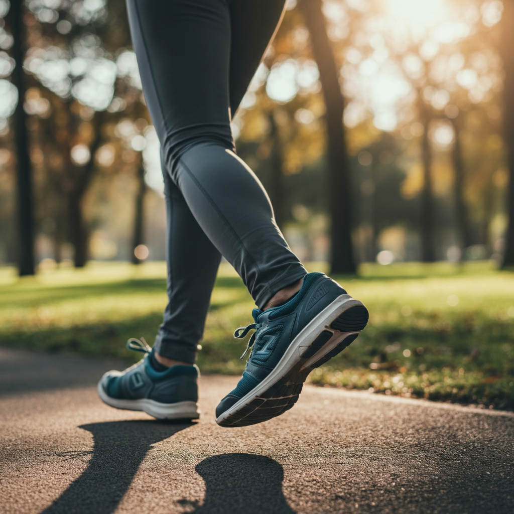 A person is participating in a light jogging activity in a park during a sunny morning. Focus is on their legs and shoes hitting the path with a soft blur in the background.