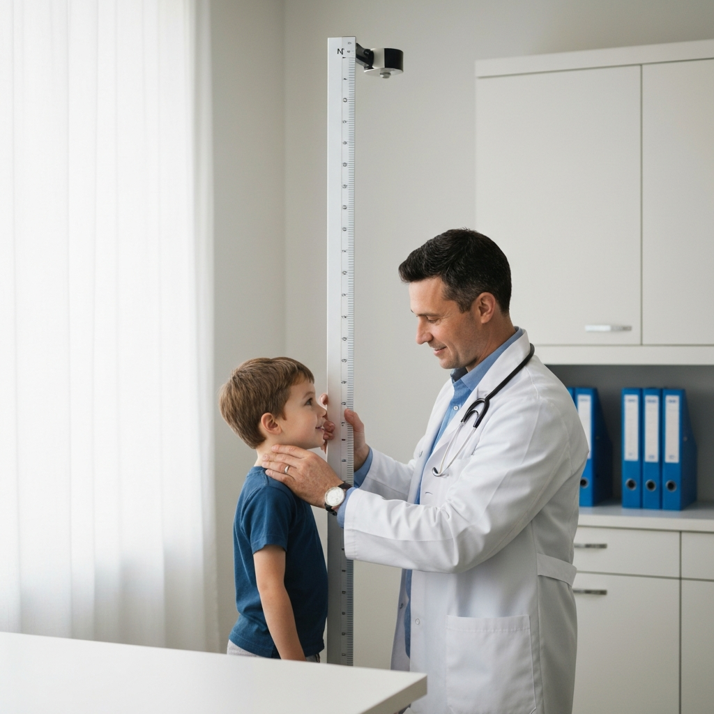 A doctor in a white coat is gently measuring a child's height using a stadiometer in a brightly lit medical office. The focus is on the interaction between the doctor and the child, with a supportive and reassuring atmosphere.