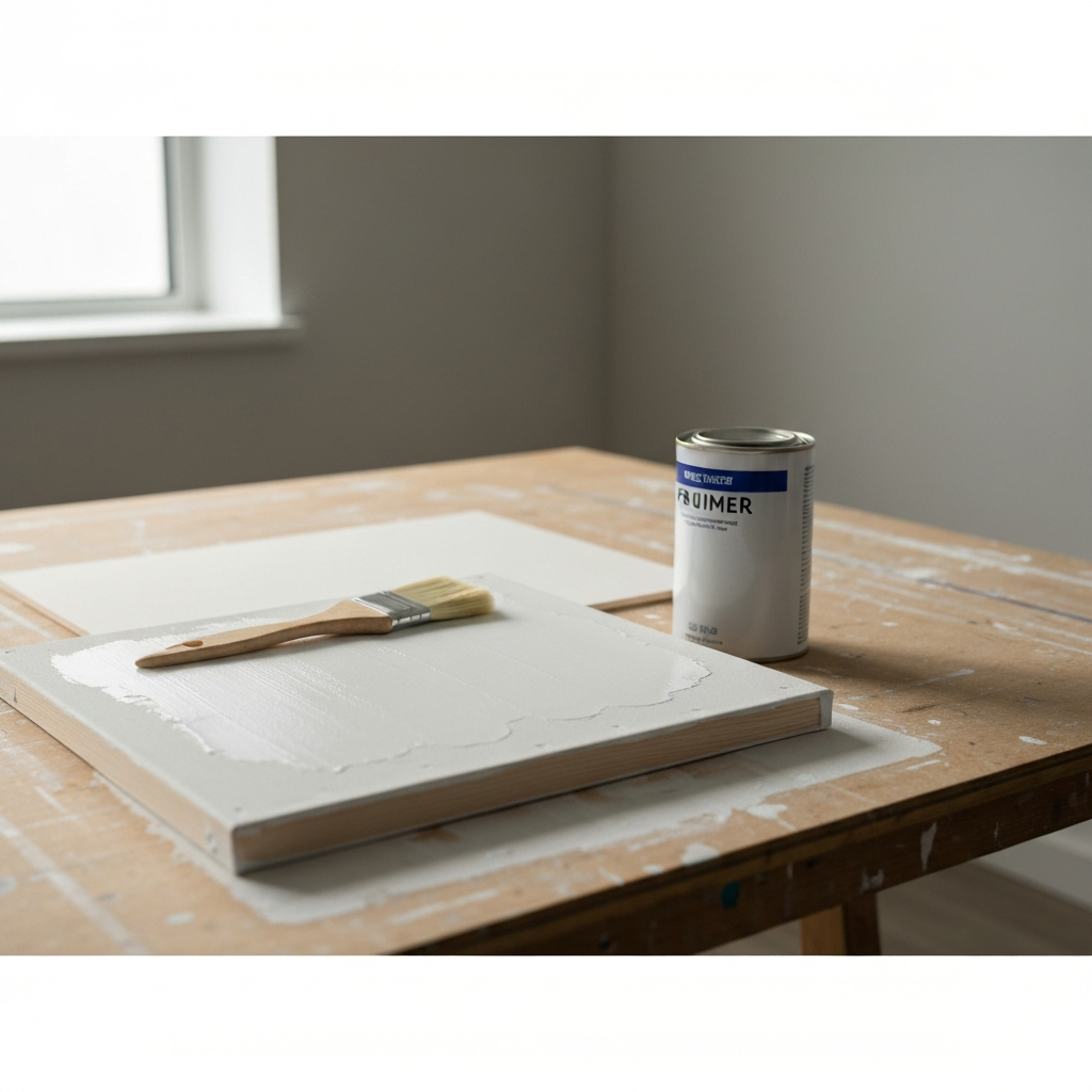 A wooden canvas resting on a crafting table, partially covered with white primer. A soft brush rests beside a can of primer. The light source is diffused, casting gentle shadows and showing the even application of the primer.