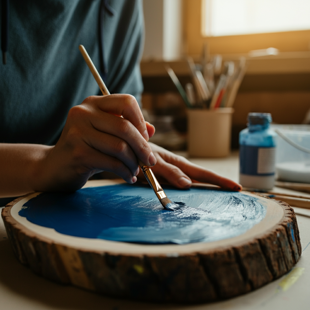 A person is carefully painting a wooden round with a brush, using a deep blue acrylic paint. Their hand is steady and focused. The backdrop includes a well-organized craft room with various art supplies. Natural light streams in through a nearby window.