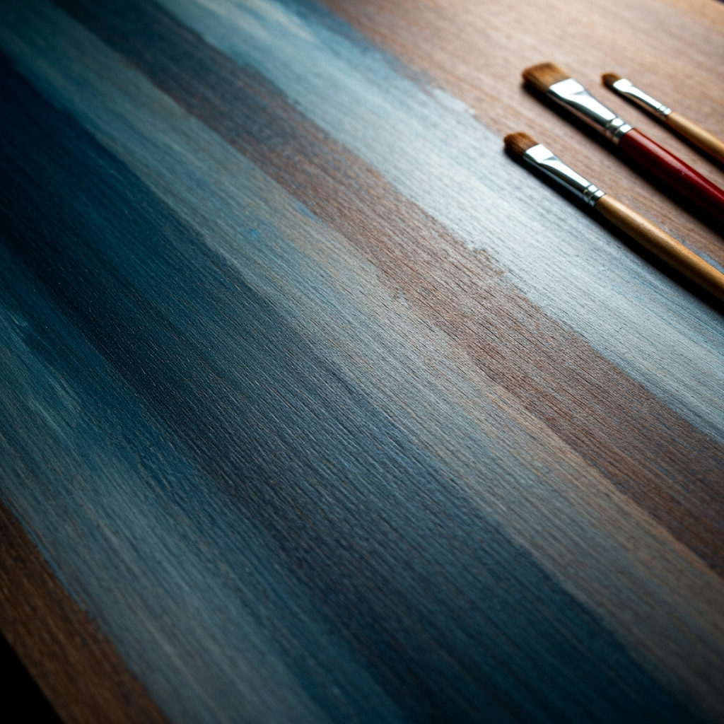 A close-up shot of a painted wood surface, showcasing subtle variations in color and texture achieved through blending techniques. The lighting is side-lit, emphasizing the depth and dimension of the paint. Several brushes of varying sizes are scattered nearby.