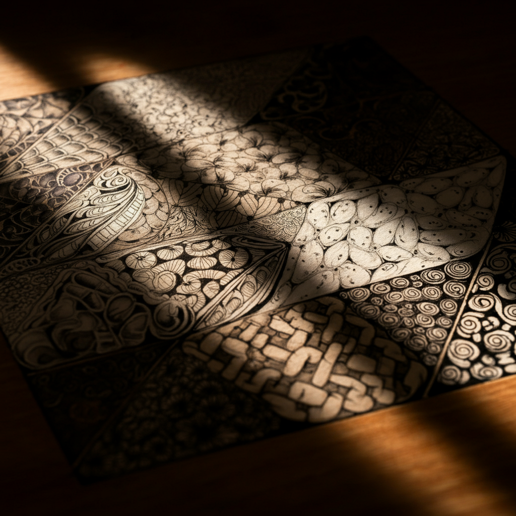 A partially completed Zentangle design on a wood surface. The image showcases a variety of intricate patterns and shapes filling the different sections. The lighting is focused and highlights the contrast between the light and dark areas of the design.