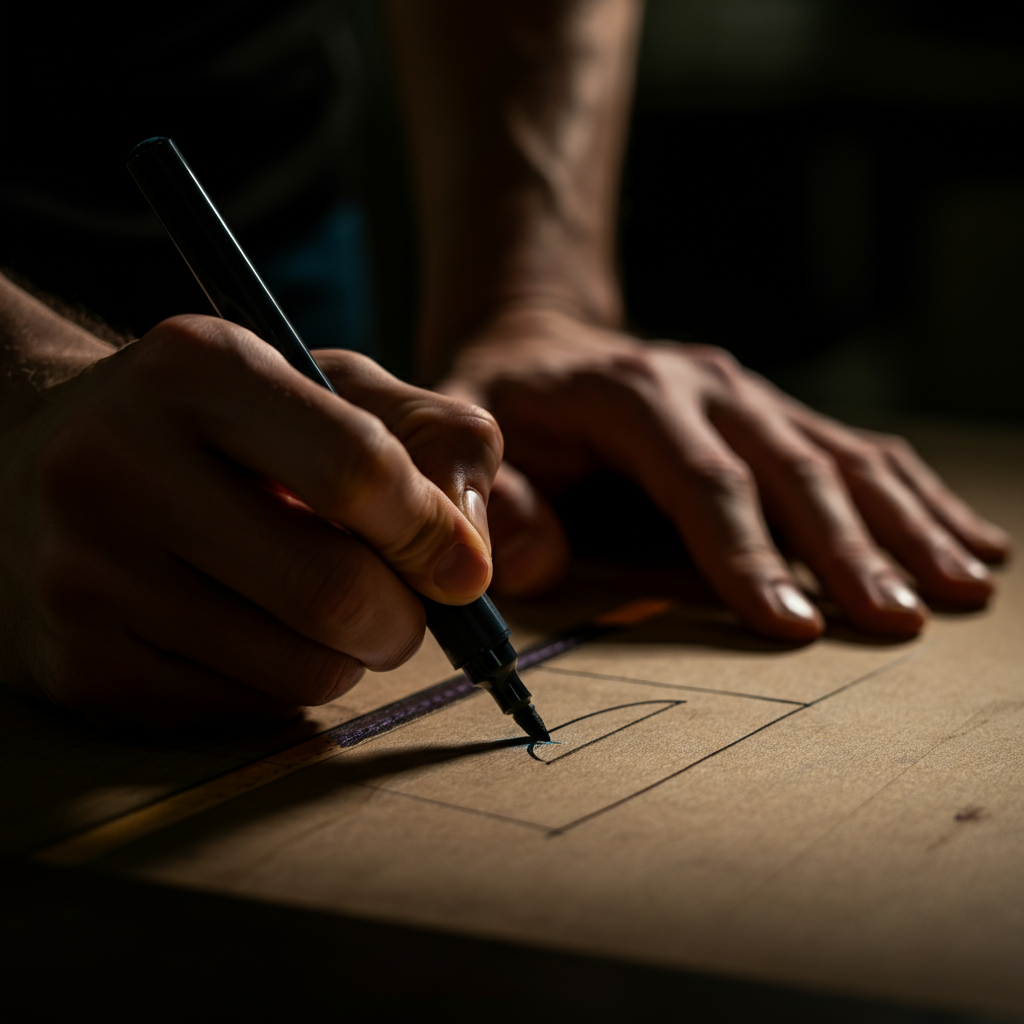 A hand holding a fine-tipped permanent marker, carefully tracing over a pencil line on a wooden surface. The marker is black and the lines are crisp. The light is bright, allowing for precise detail.