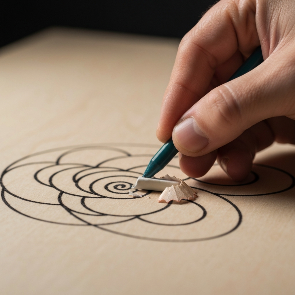 A hand using a soft eraser to carefully remove pencil marks from a Zentangle design on wood. Eraser shavings are visible but minimal. The lighting is soft and even.