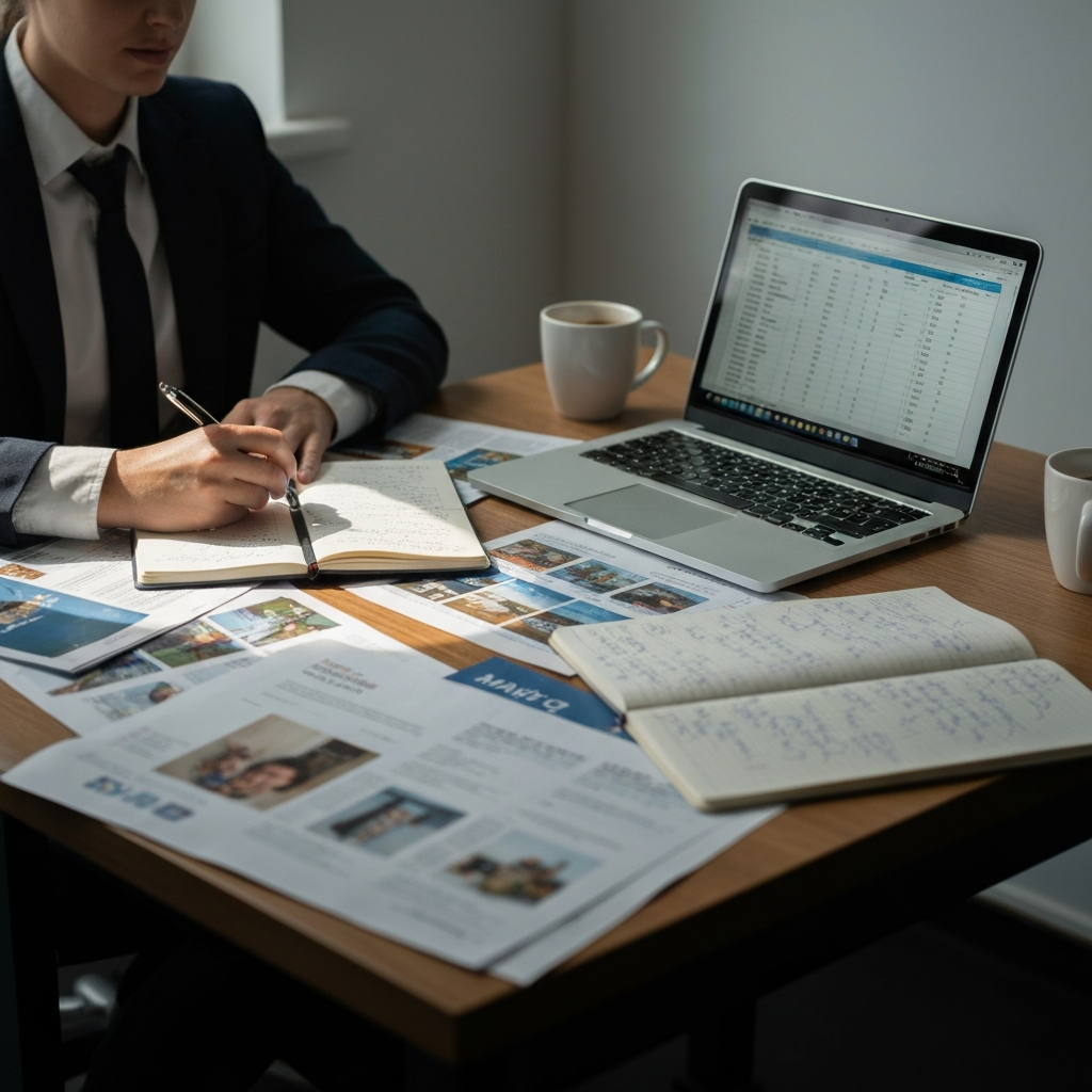 A student sits at a desk covered with travel brochures, a laptop displaying a spreadsheet, and a notebook filled with scribbled ideas. Soft natural light streams in through a window, highlighting the texture of the paper and the glossy finish of the brochures. A half-empty coffee mug sits nearby.