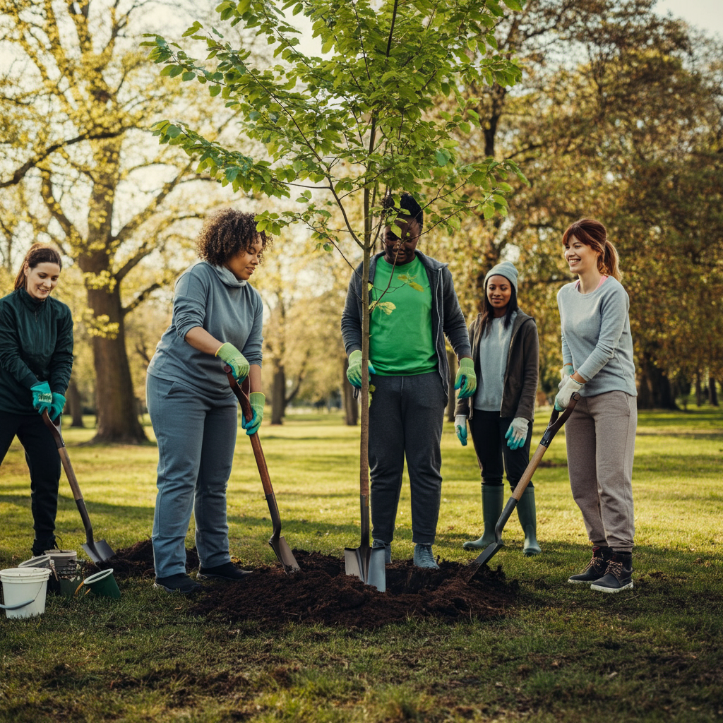 A group of volunteers are planting trees in a park. The sun is shining and the leaves are a vibrant green. They are all wearing work gloves and casual clothes, smiling and interacting professionally.