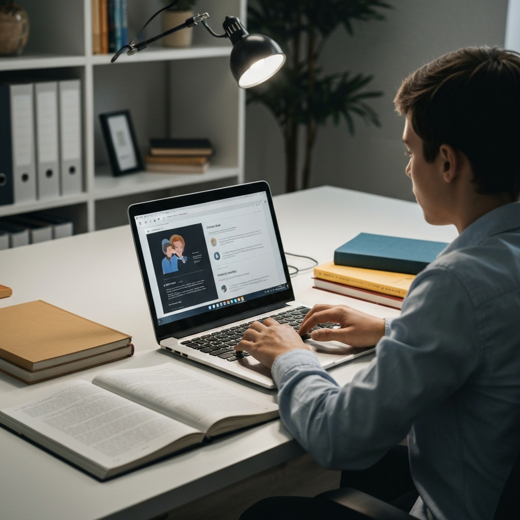 A student is sitting at a desk, working on a laptop. The screen displays a coding tutorial. The room is well-lit and organized, with books and notes neatly arranged on the desk. The student appears focused and engaged.