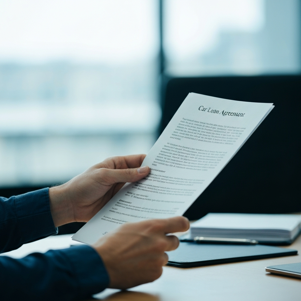 Close-up shot of a hand holding a car loan agreement, side-lit to highlight the fine print on the document. Soft bokeh in the background shows a blurred office setting.