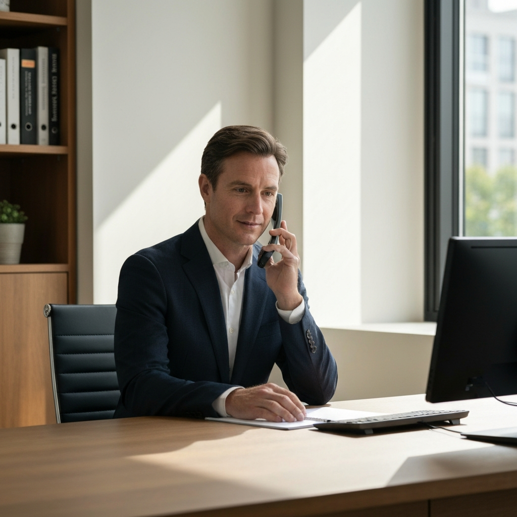 A well-dressed individual sitting at a desk, speaking calmly on the phone. Natural light streams in from a window behind them, creating a warm and professional atmosphere.