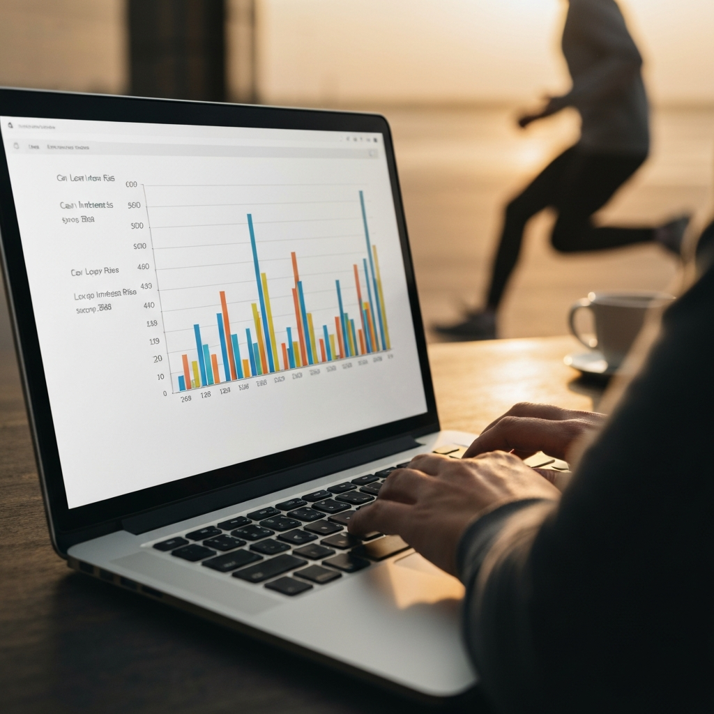 A laptop screen displaying a comparison chart of different car loan interest rates. Soft focus on the background showing a person's hands typing on a keyboard.
