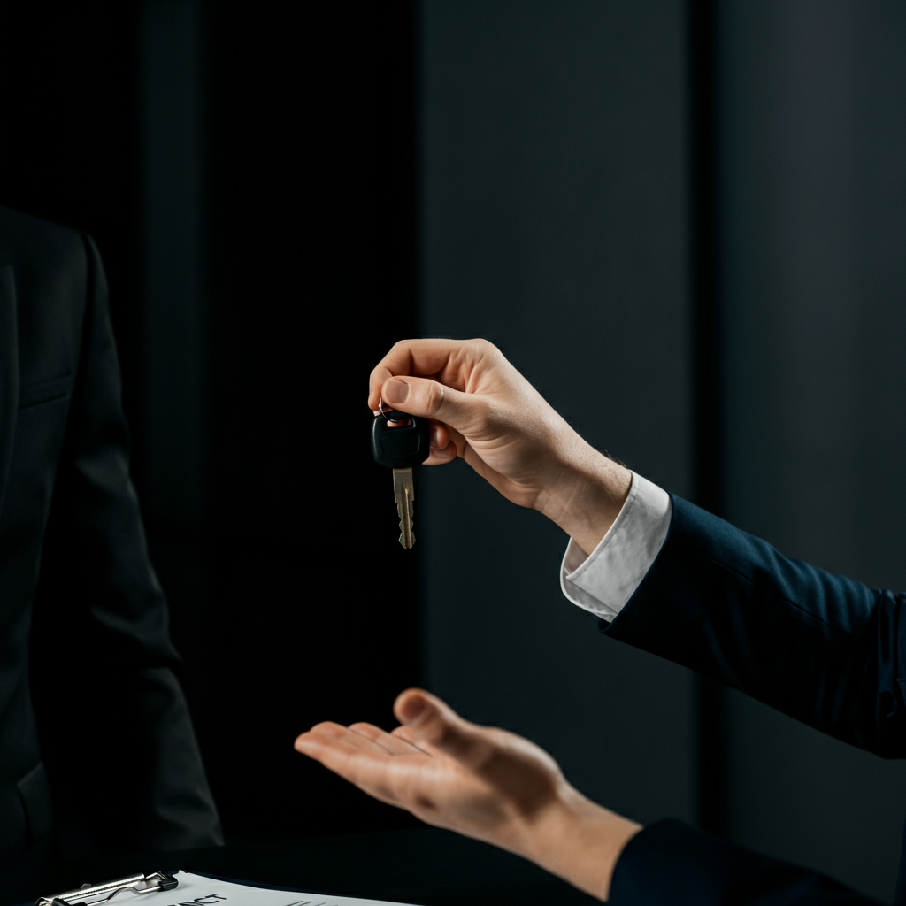 A person handing over car keys to a representative at a dealership, bathed in soft, overcast light. The focus is on the exchange of keys and the paperwork being signed.
