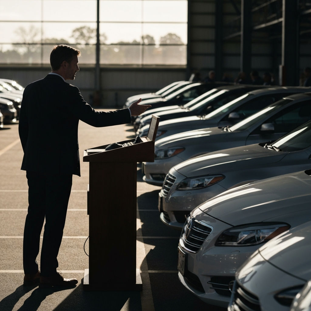 An auctioneer standing at a podium, gesturing towards a row of parked cars at an auto auction. Harsh sunlight creating strong shadows and highlighting the cars' features.