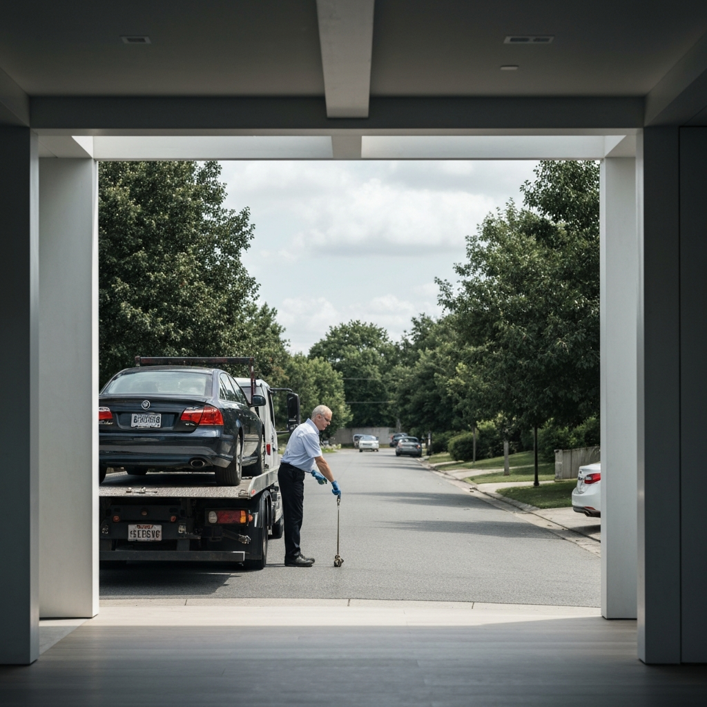 A repossession agent hooking up a car to a tow truck on a residential street. The scene is shot from a distance, focusing on the professional and methodical nature of the process.