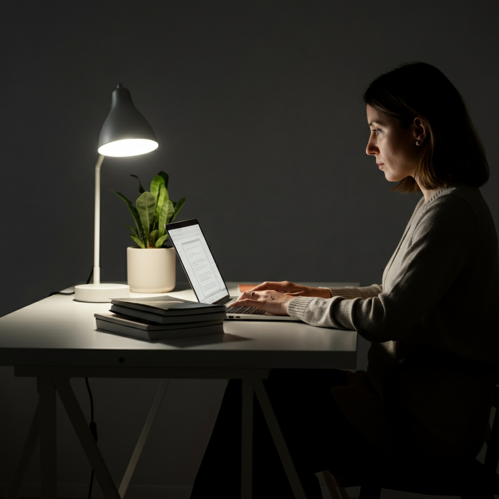 A side-lit desk area. A woman with neat hair sits at a clean desk, focused on a laptop screen. Textbooks and notebooks are neatly stacked beside her. Soft bokeh on a potted plant in the background.