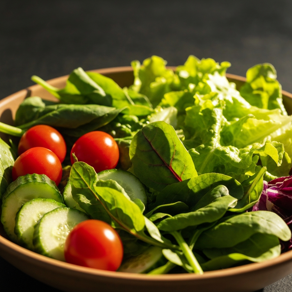 Close-up of a vibrant salad. Various fresh vegetables, including leafy greens, cherry tomatoes, and cucumber, are arranged artfully in a bowl. Natural lighting emphasizes the textures and colors.