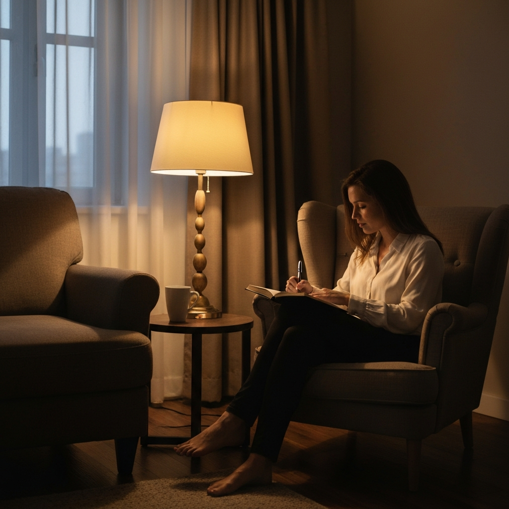 A warmly lit living room. A woman is curled up on a cozy armchair near a lamp, writing in a journal. Soft, ambient lighting creates a relaxed atmosphere. A mug sits on a nearby table.